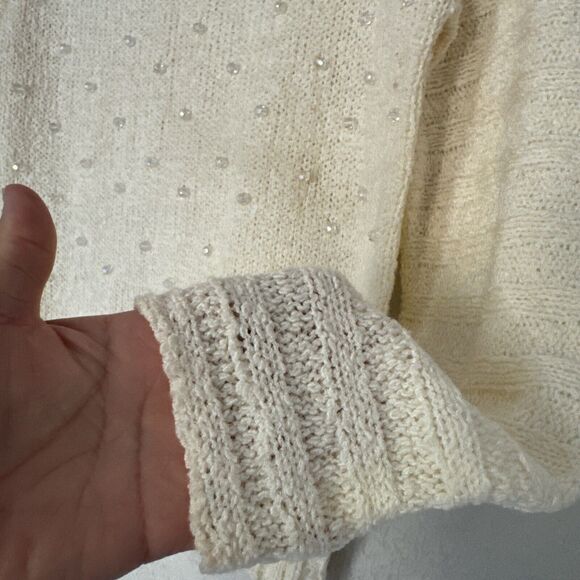 Vintage Sweater Vtg 70s 80s Cream Round Neck Embellishment Pullover Women’s Sz L - Picture 5 of 11